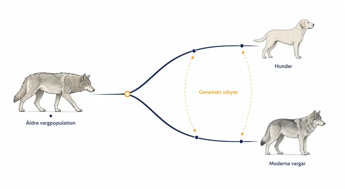 Evolutionär principskiss över hundens och den moderna vargens gemensamma ursprung