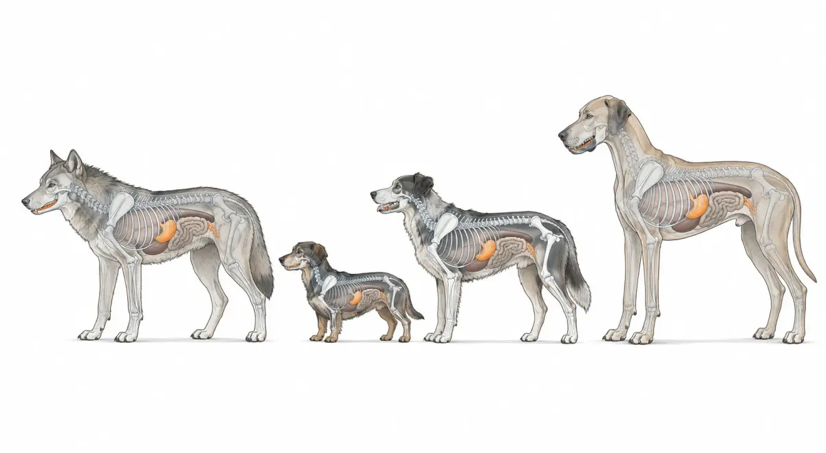 Jämförande anatomisk illustration av en varg och hundar med olika kroppstyper