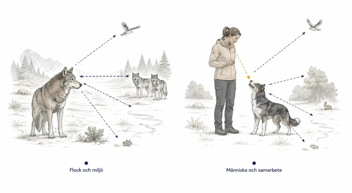 Principskiss över hur varg och hund riktar sin sociala uppmärksamhet olika