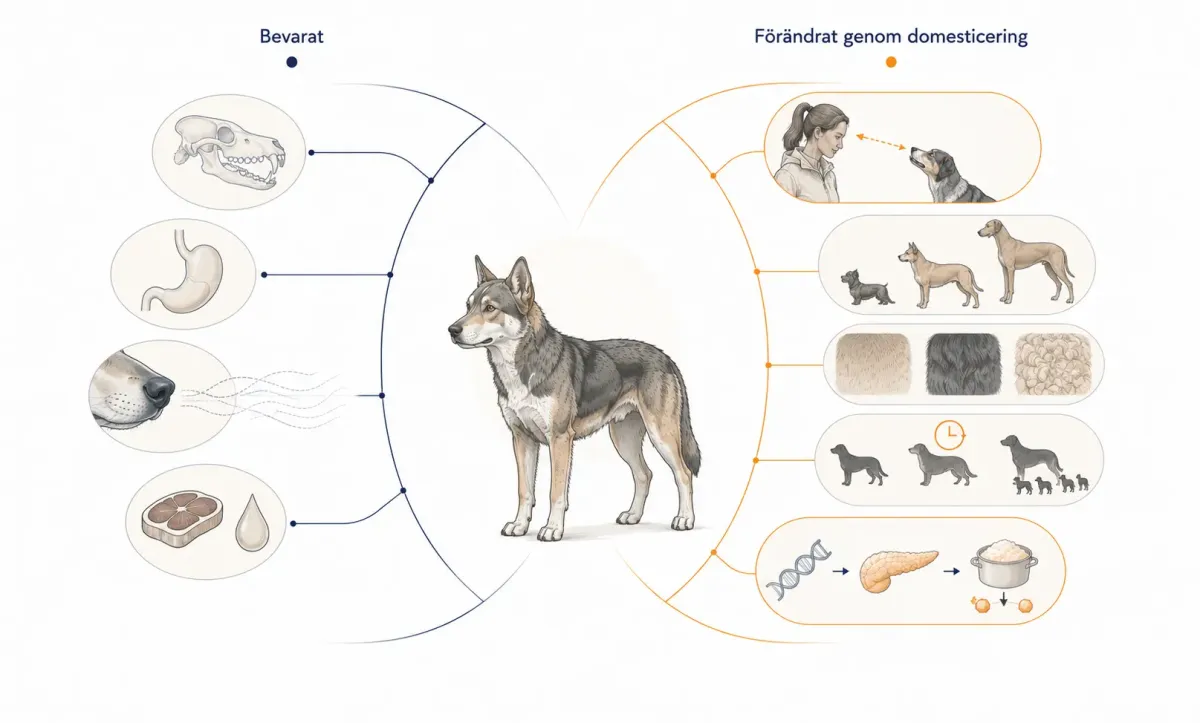Jämförelse mellan egenskaper som hunden behållit och egenskaper som förändrats genom domesticeringen