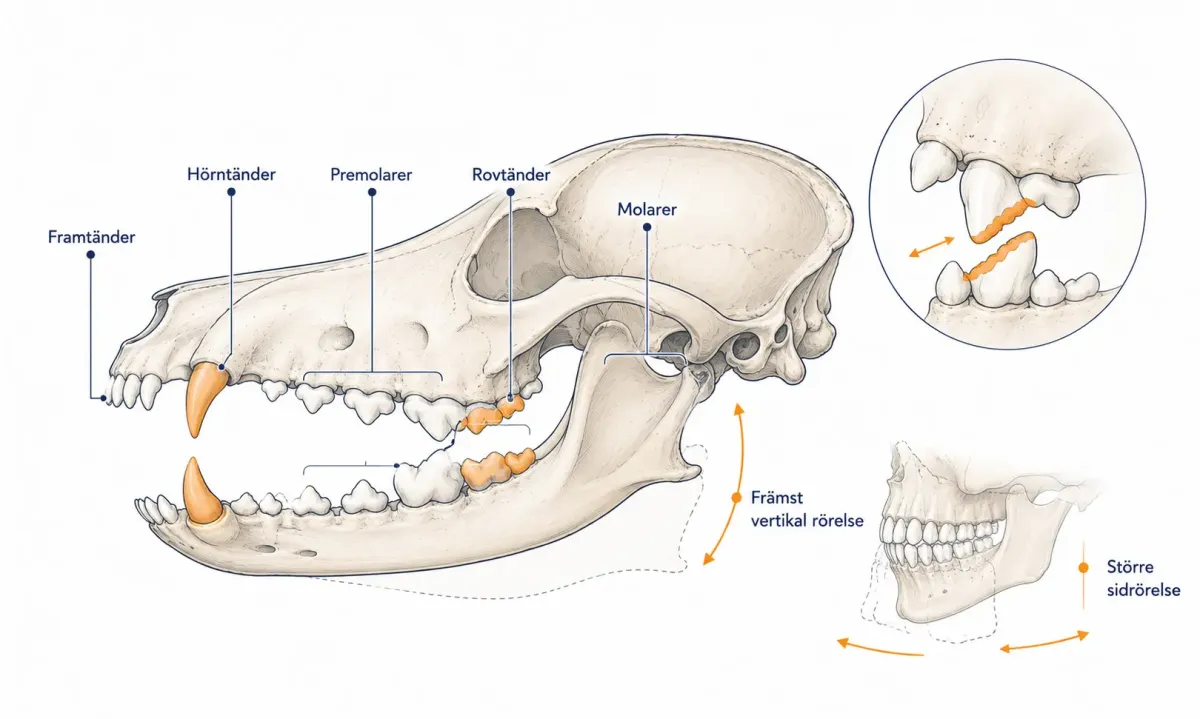 Anatomisk illustration av hundens tänder och den huvudsakligen vertikala käkrörelsen