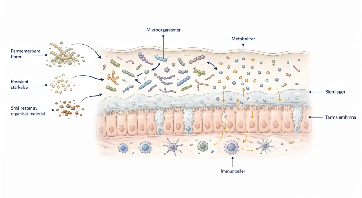 Pedagogisk genomskärning av hundens tjocktarm som visar mikroorganismer, slemlager, tarmslemhinna, immunceller och mikrobiella metaboliter.