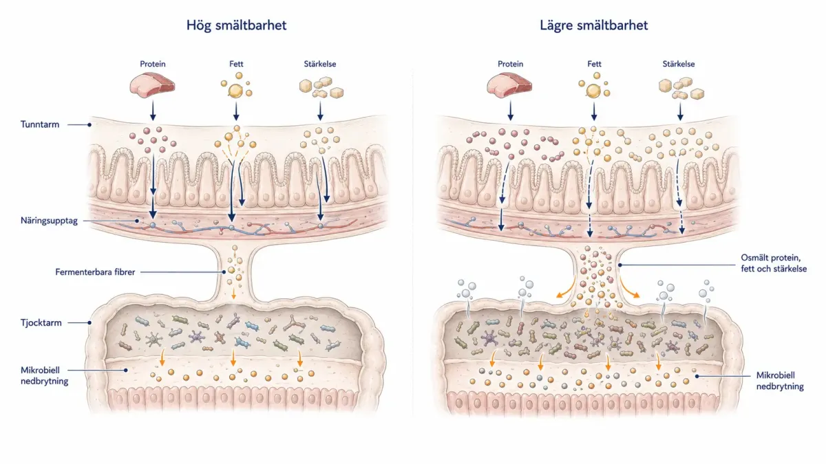 Jämförande processillustration av hög respektive låg smältbarhet och hur olika mängder näringsrester når hundens tjocktarm.