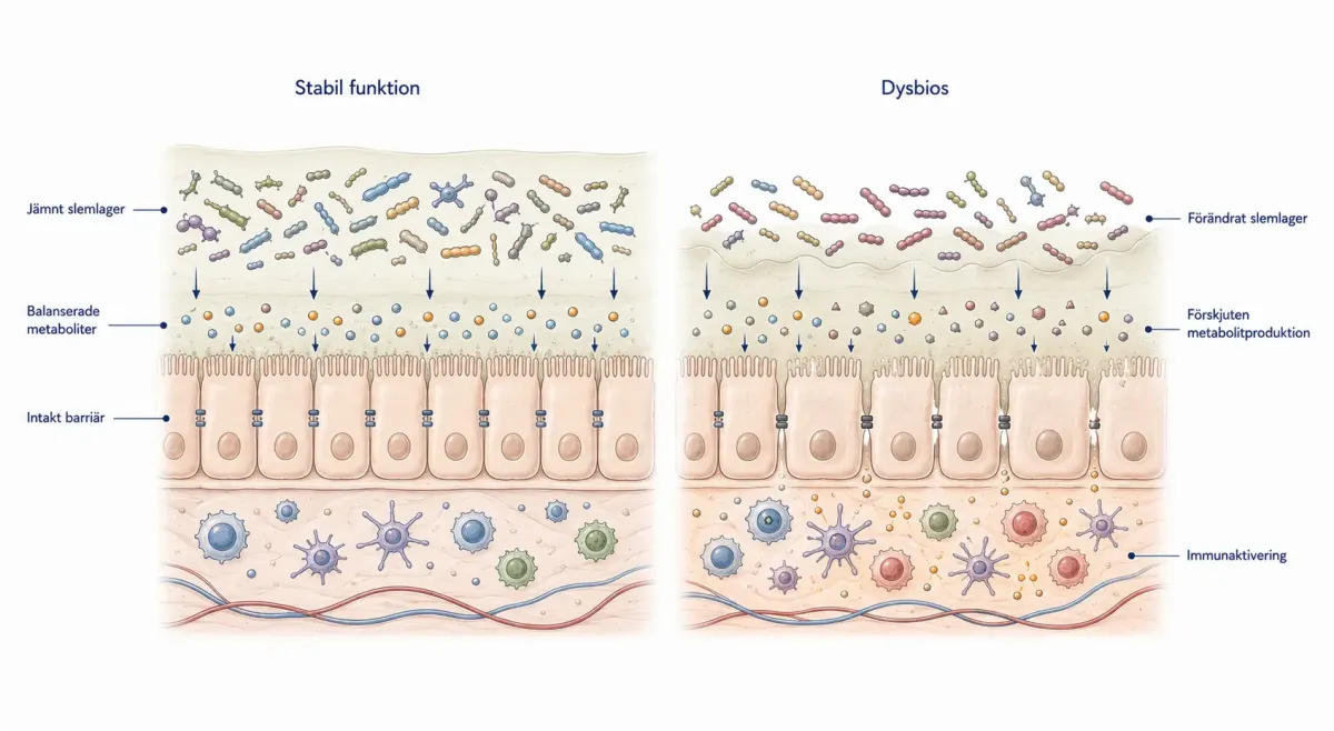Två jämförande genomskärningar av hundens tjocktarm som visar stabil mikrobiell funktion respektive dysbios med förändrad barriär och metabolitproduktion.