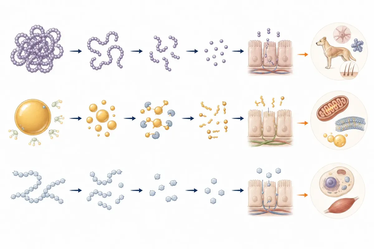 Tre parallella processer som visar hur protein, fett och stärkelse bryts ned till mindre beståndsdelar som kroppen kan ta upp och använda.