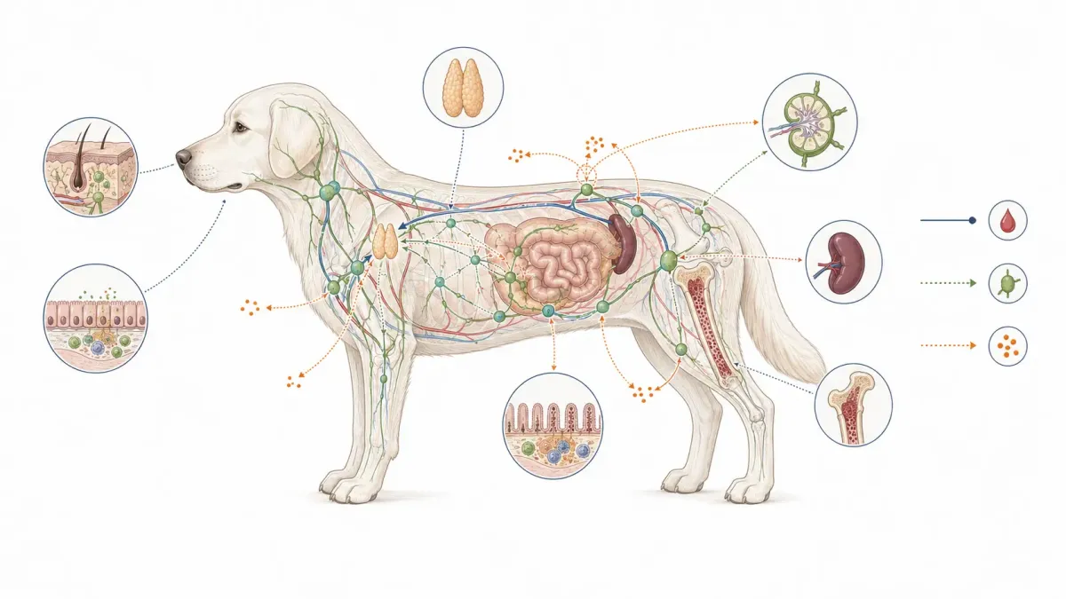 Anatomisk översikt av hundens immunförsvar med hud, slemhinnor, lymfknutor, thymus, mjälte, benmärg och tarm.