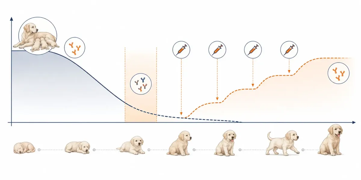 Tidslinje från födseln till avslutad grundvaccination med maternella antikroppar och valpens eget immunsvar.