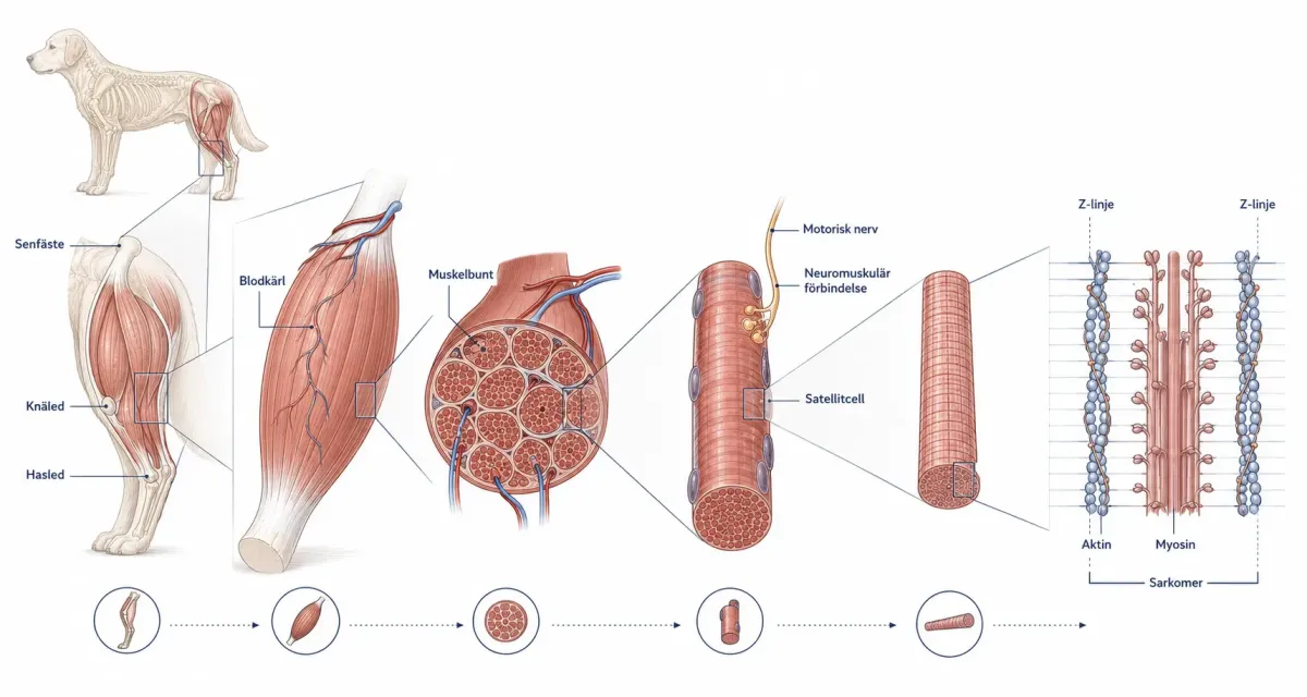Stegvis anatomisk förstoring från en muskel i hundens bakben till muskelbunt, muskelfiber, myofibrill och sarkomer med aktin och myosin.