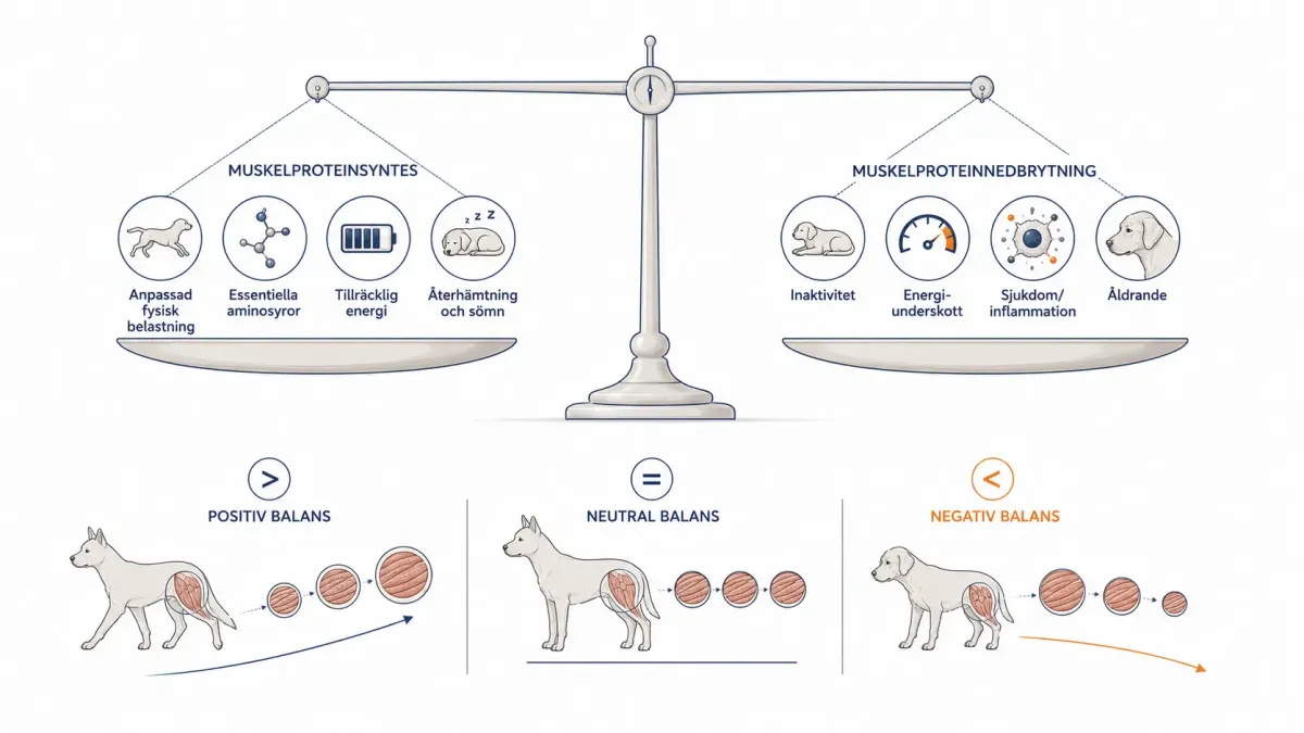 Balansillustration som jämför muskelproteinsyntes med muskelproteinnedbrytning och visar positiv, neutral och negativ proteinbalans.
