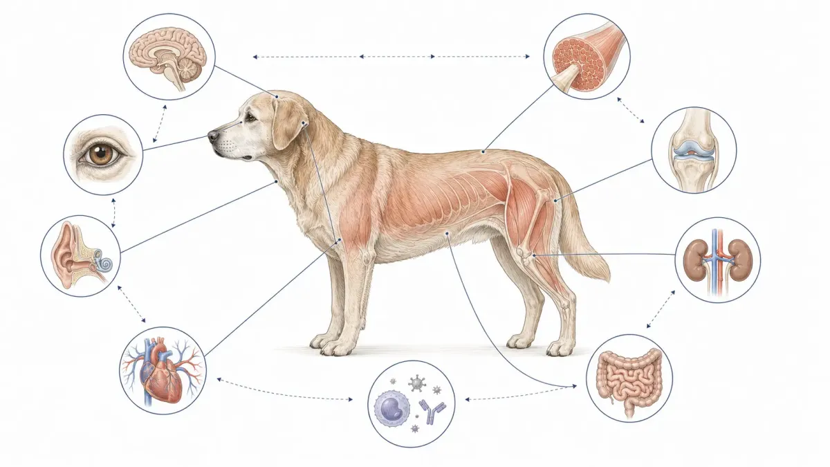Vetenskaplig översikt av hur åldrande påverkar flera organsystem hos en äldre hund.