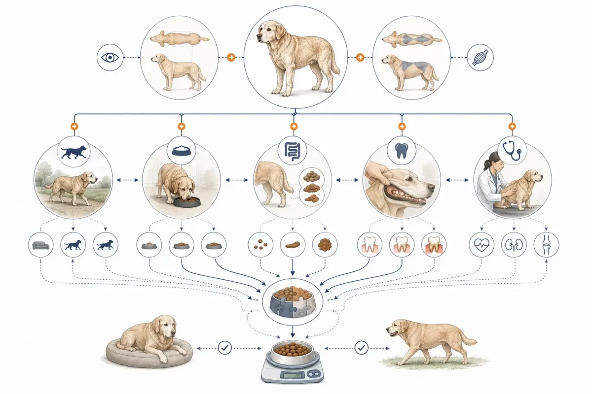 Beslutsmodell för individuell utfodring av seniorhund utifrån kroppskondition, muskler, aktivitet, aptit, avföring, tandhälsa och sjukdom.