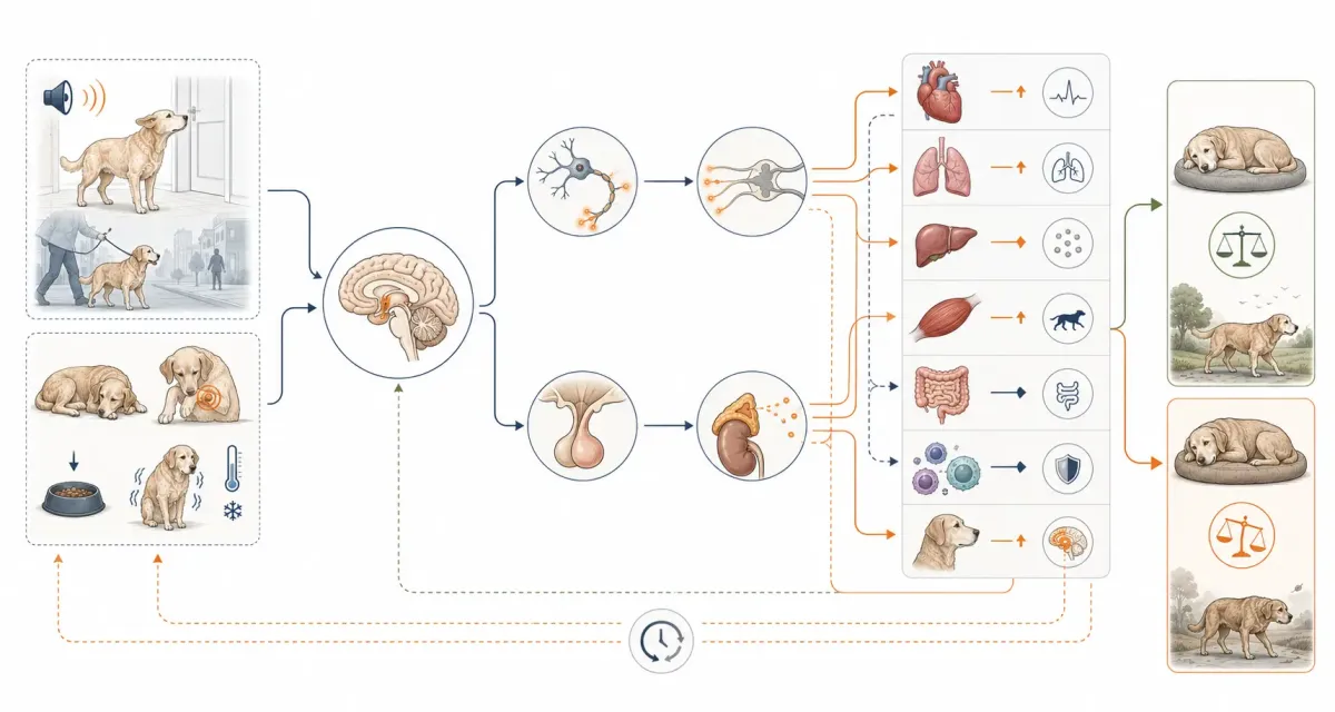 Pedagogisk processillustration av hur en stressor aktiverar hjärnan, nervsystemet och HPA-axeln och påverkar hundens organ.