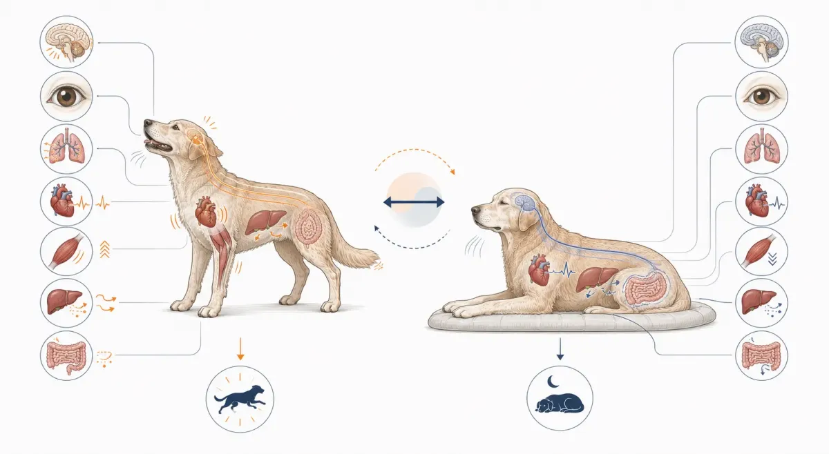 Jämförande illustration av sympatisk mobilisering och parasympatisk återhämtning hos hund.