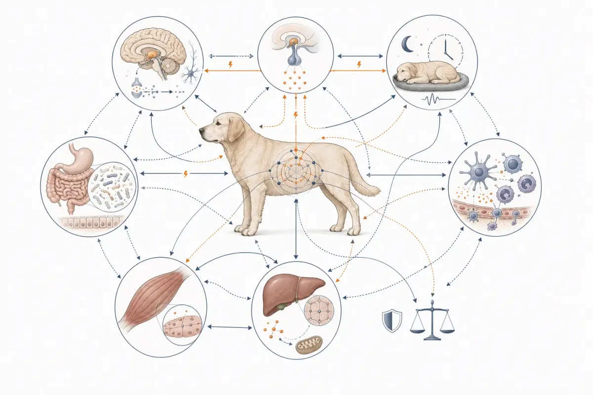 Systemillustration av hur långvarig stress samtidigt kan påverka hjärna, muskler, immunförsvar, matsmältning, sömn och energiomsättning.