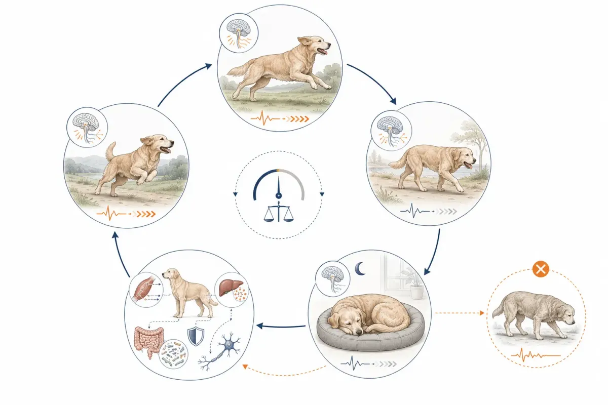 Cirkulär illustration av hur aktivitet behöver följas av vila, sömn, återuppbyggnad och ny aktivitet.
