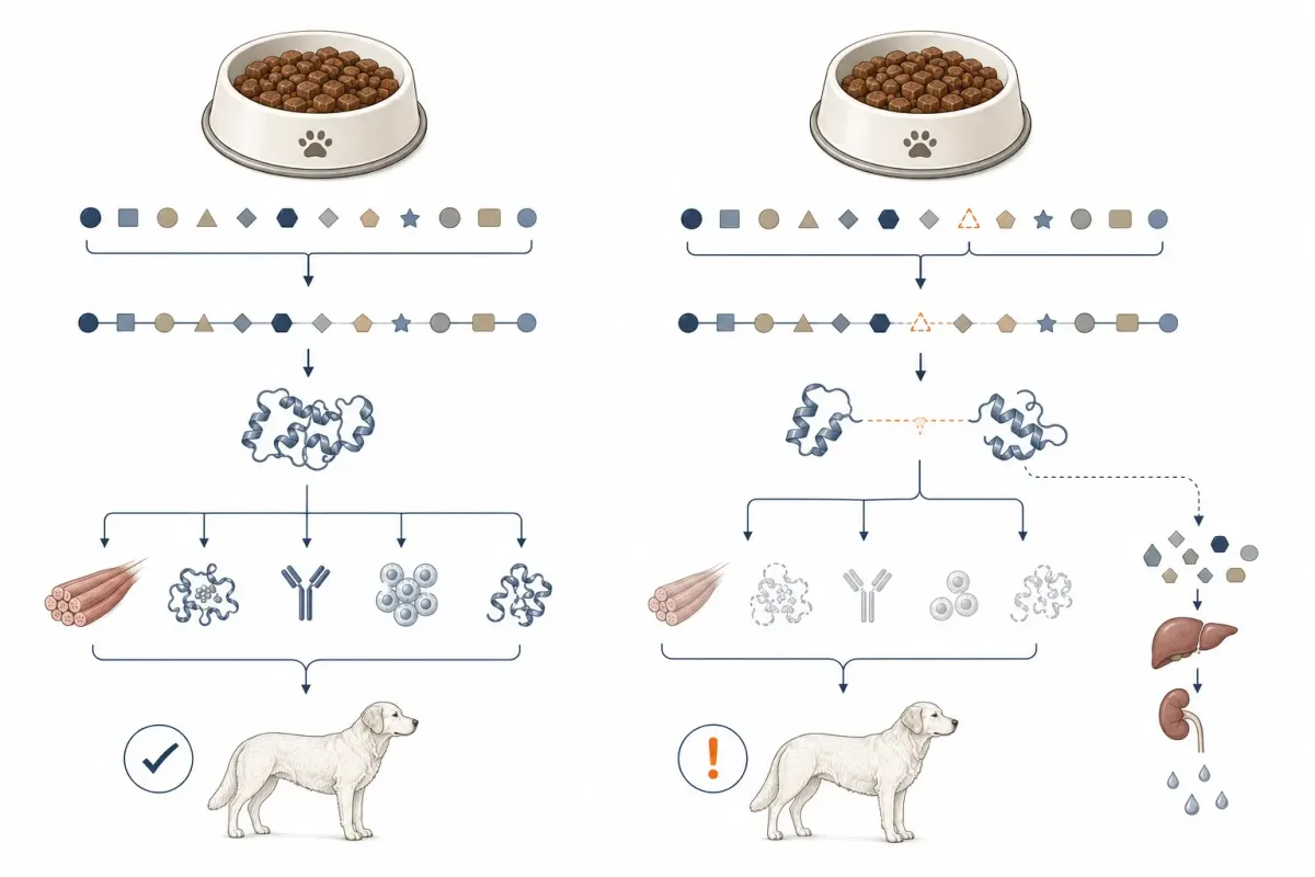 Två hundmatskålar med samma proteinhalt men olika aminosyraprofil och biologiskt värde.