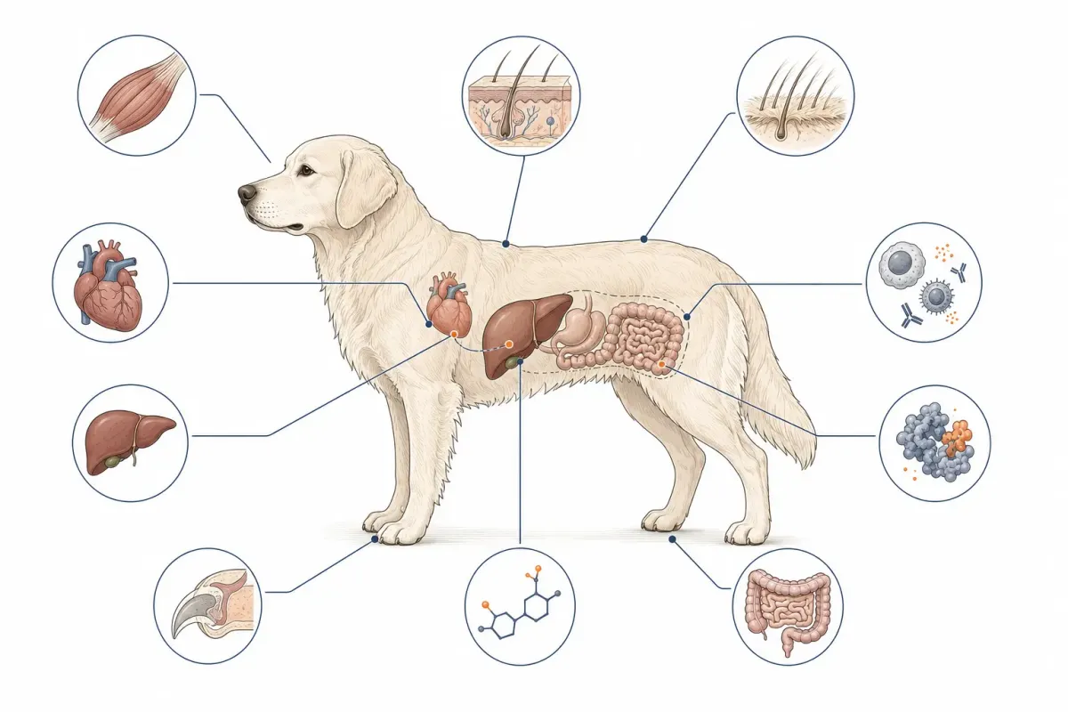 Vetenskaplig illustration av en hund med markeringar för muskler, hud, päls, klor, hjärta, lever, immunförsvar, enzymer och hormoner
