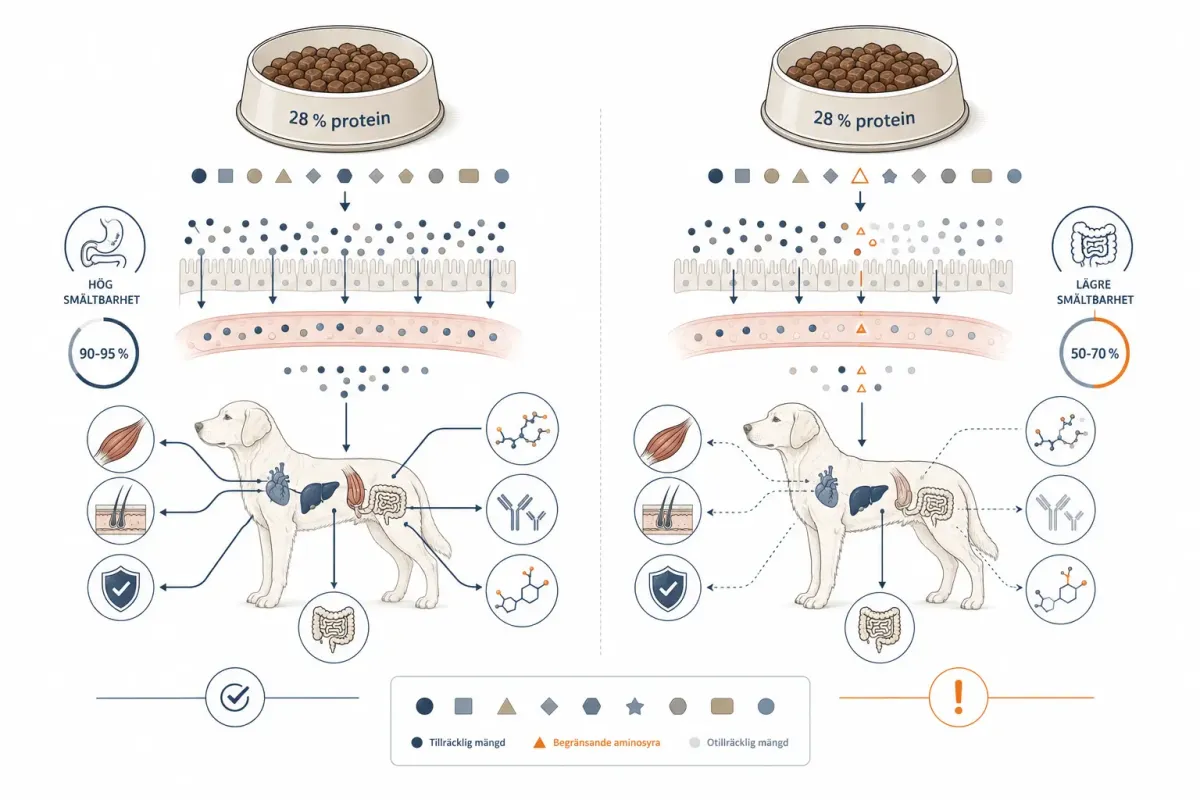 Jämförande illustration av två hundfoder med samma proteinhalt men olika smältbarhet och aminosyraprofil