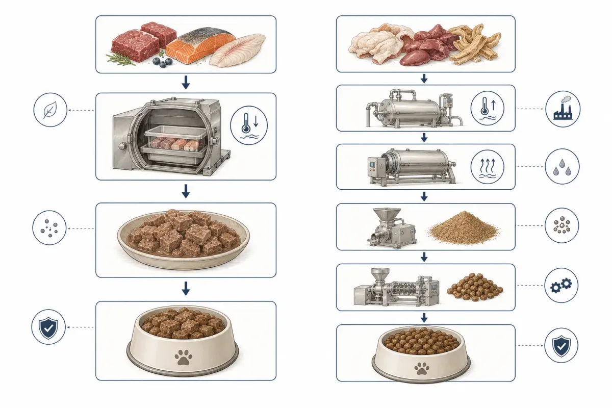Jämförande processillustration av färskt kött och fisk respektive animaliskt proteinmjöl på vägen till färdig hundmat