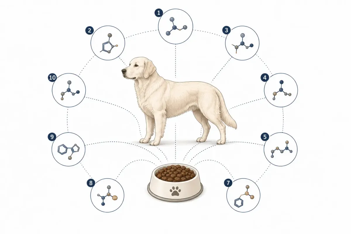 Vetenskaplig illustration av en hund omgiven av tio byggklossar som representerar hundens essentiella aminosyror.