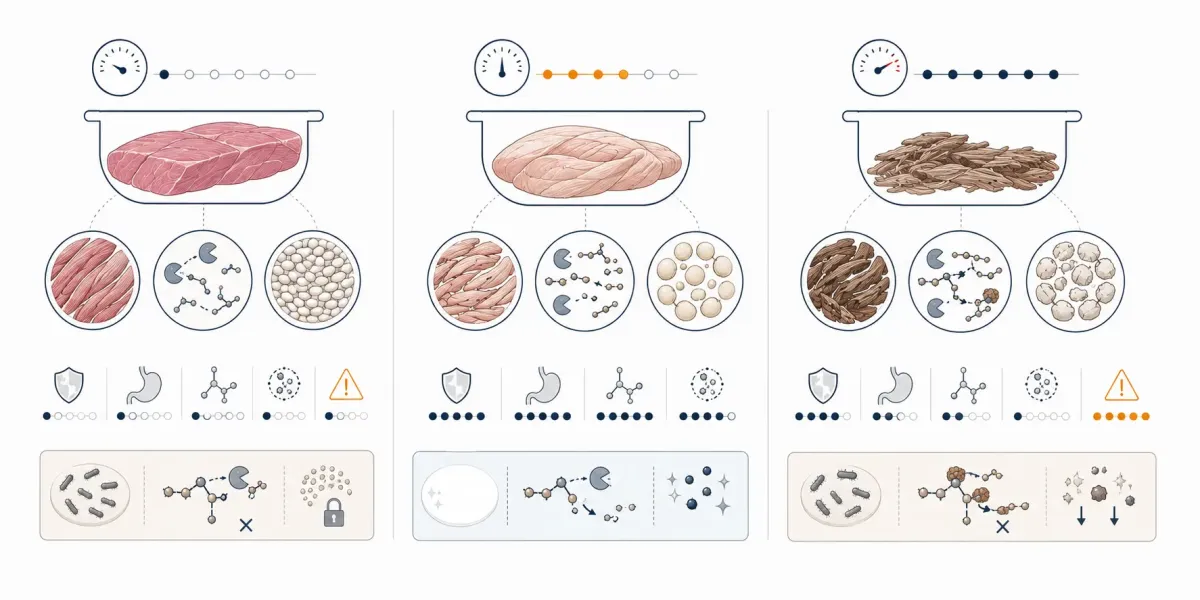 Vetenskaplig illustration av balansen mellan otillräcklig bearbetning, varsam tillagning och hård processning av hundmat.