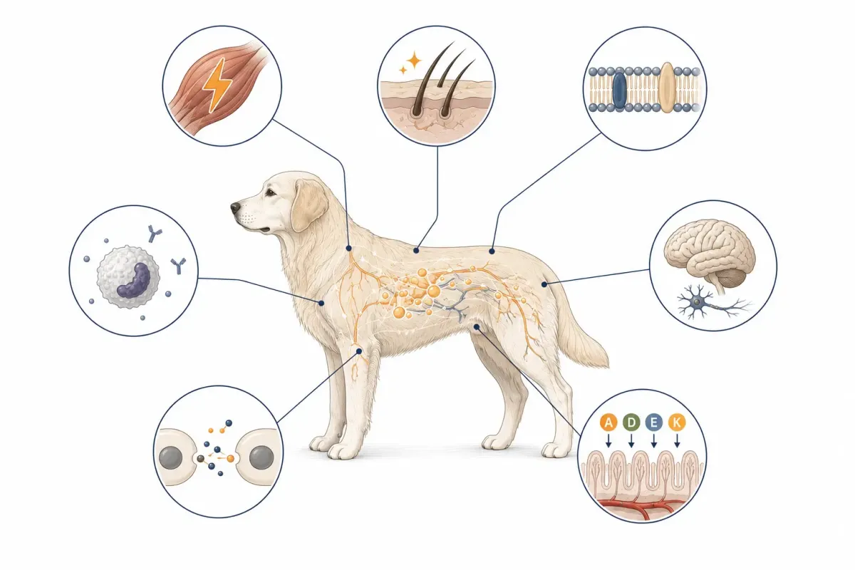 Vetenskaplig illustration av en hund omgiven av fettets funktioner i kroppen: energi, hud och päls, cellmembran, hjärna och nerver, biologiska signalämnen, immunförsvar samt upptag av vitaminerna A, D, E och K