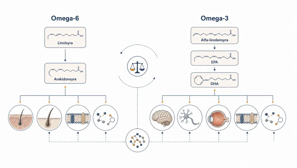 Vetenskaplig jämförelse mellan omega-6-fettsyrorna linolsyra och arakidonsyra samt omega-3-fettsyrorna alfa-linolensyra, EPA och DHA, med deras funktioner i hud, päls, hjärna, cellmembran och biologiska signalämnen
