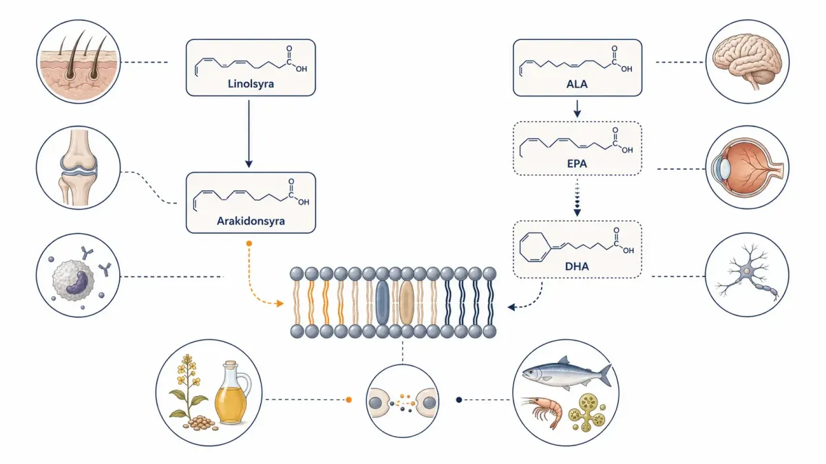 Vetenskaplig illustration av omega-6- och omega-3-fettsyrornas familjer, från linolsyra och ALA till arakidonsyra, EPA och DHA, med kopplingar till hud, cellmembran, hjärna, syn, leder och immunförsvar.
