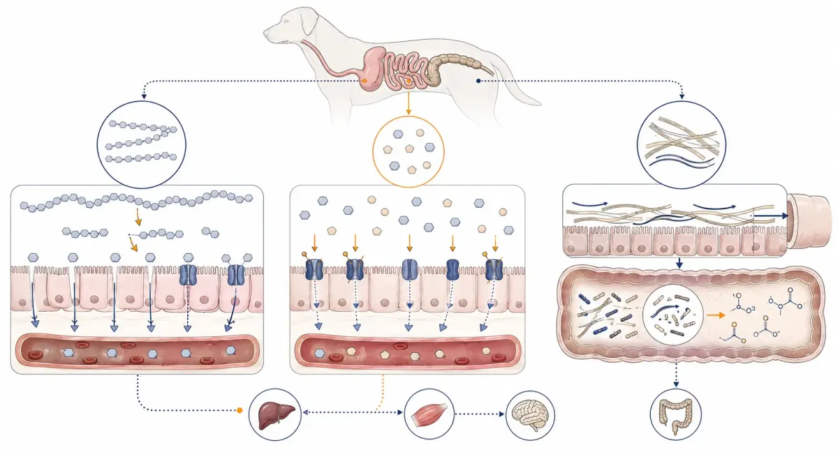 Vetenskaplig illustration som jämför stärkelse, socker och fiber och visar hur de hanteras i hundens matsmältningssystem.