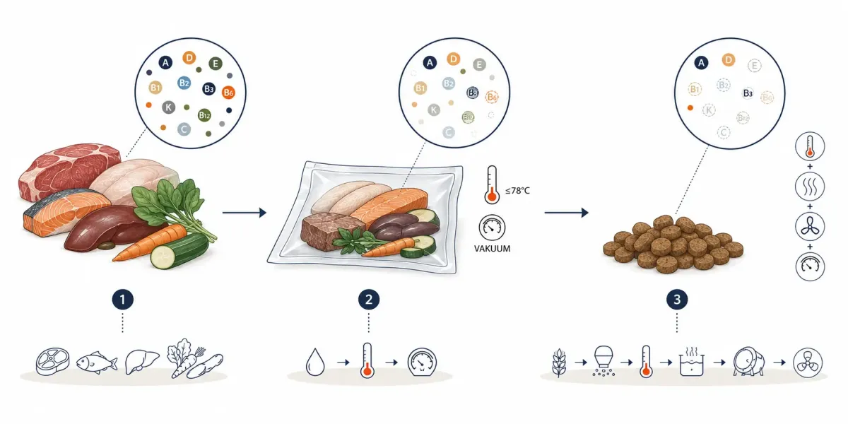 Vetenskaplig processillustration som visar hur känsliga vitaminer kan minska från färsk råvara genom varsam tillagning och vidare vid hård eller upprepad processning.
