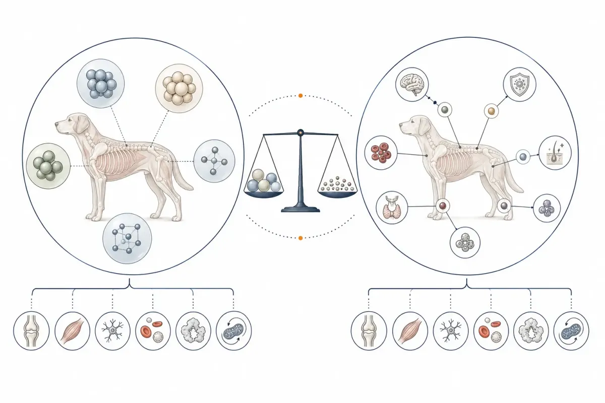 Vetenskaplig illustration som jämför makromineraler med spårämnen och visar att grupperna skiljer sig åt genom hur stora mängder hundens kropp behöver, inte genom biologisk betydelse.