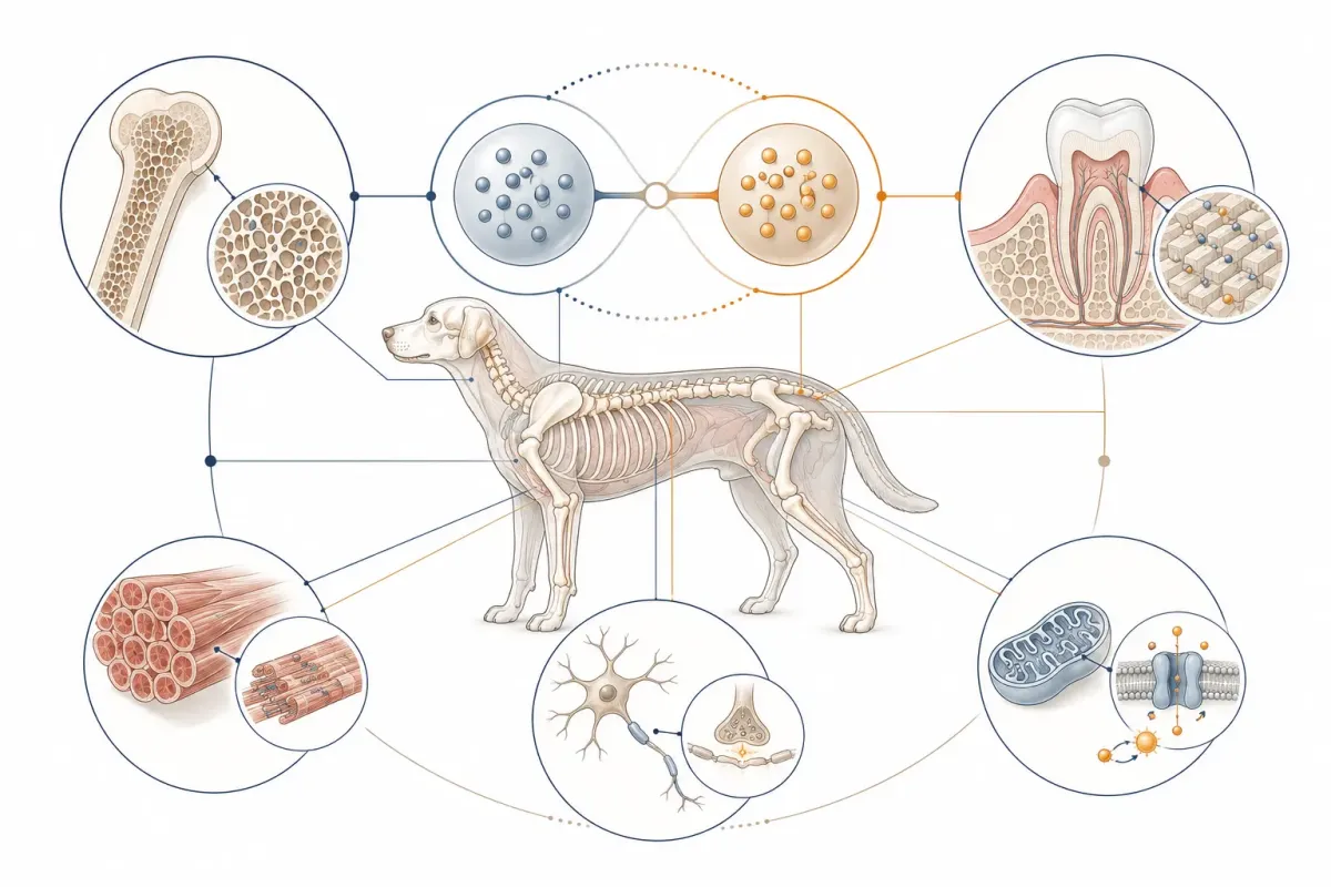 Vetenskaplig illustration som visar hur kalcium och fosfor samverkar i hundens skelett och tänder samt bidrar till muskelfunktion, nervsignalering och cellernas energibärare ATP.