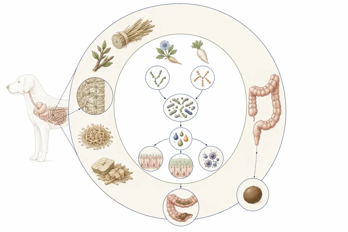 Vetenskaplig illustration som visar att prebiotika är en undergrupp av fiber och att cellulosa, inulin och FOS har olika funktioner.