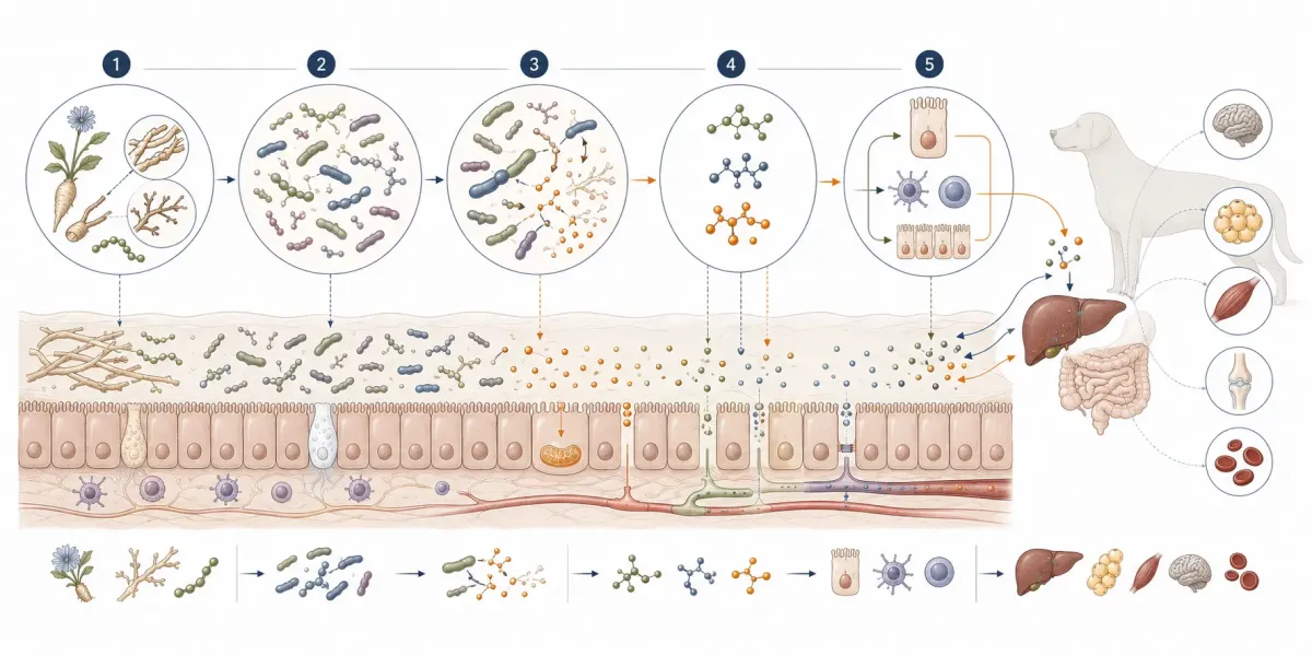 Vetenskaplig illustration som visar hur prebiotiska substrat fermenteras av tarmbakterier till acetat, propionat och butyrat som påverkar tarmbarriär, immunreglering och ämnesomsättning.