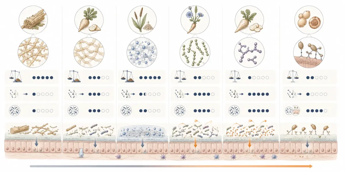 Vetenskaplig jämförelse av cellulosa, betfiber, psyllium, inulin, FOS och MOS samt deras olika roller för struktur, fermentering och prebiotisk funktion.