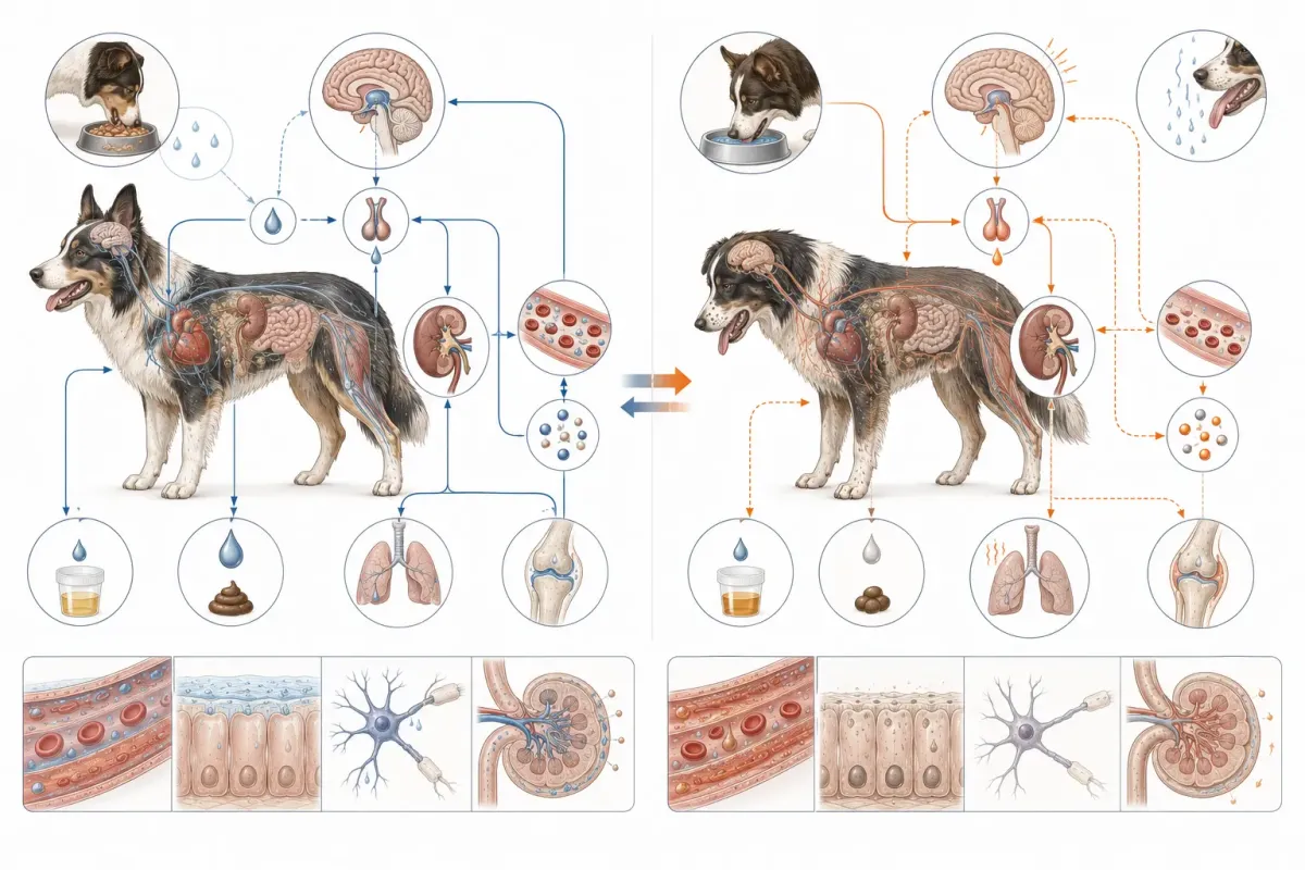 Vetenskaplig illustration som visar hur vätskebalansen regleras genom törst, njurar, hormoner och elektrolyter samt vad som händer vid uttorkning.