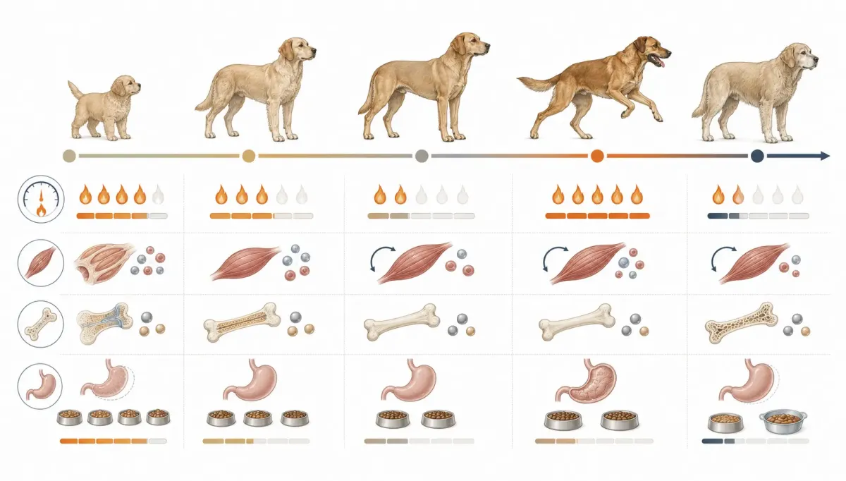 Vetenskaplig illustration som visar hur hundens behov av energi, protein, mineralbalans och smältbarhet förändras från valp till ung hund, vuxen, aktiv vuxen och senior.