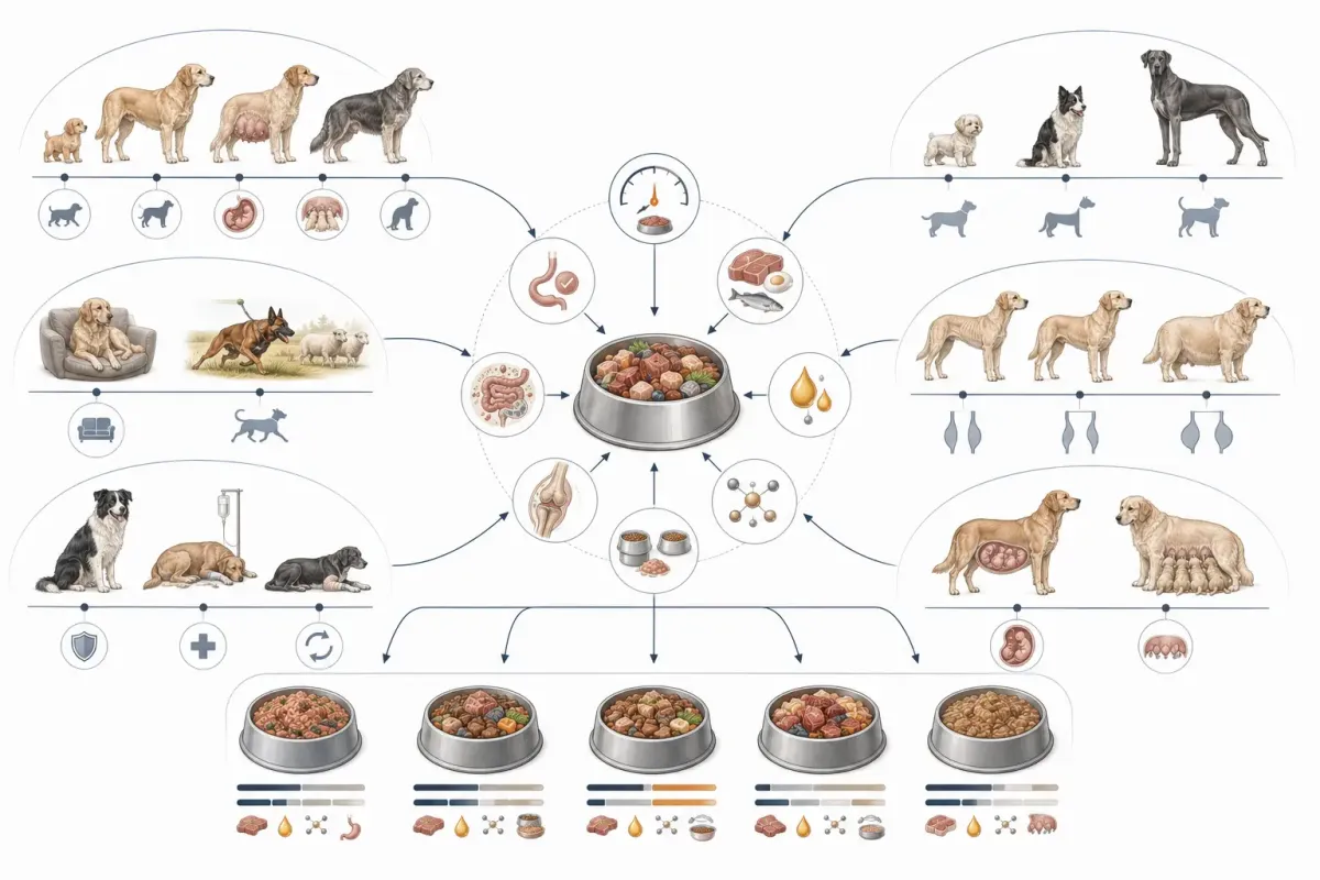 Vetenskaplig illustration som visar hur val av hundmat bör anpassas efter livsfas, kroppsstorlek, aktivitet, hull, hälsa och reproduktion.