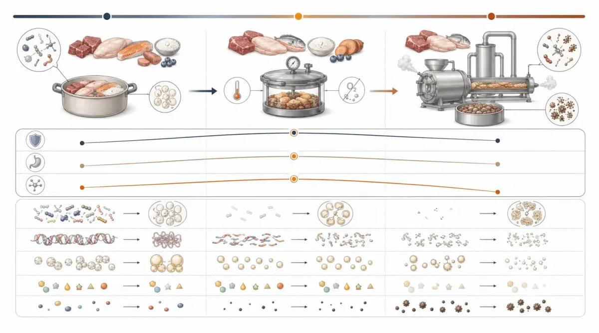 Vetenskaplig illustration som visar hur samma värmebehandling kan denaturera protein, oxidera fett, minska vitaminer och gelatiniserar stärkelse.