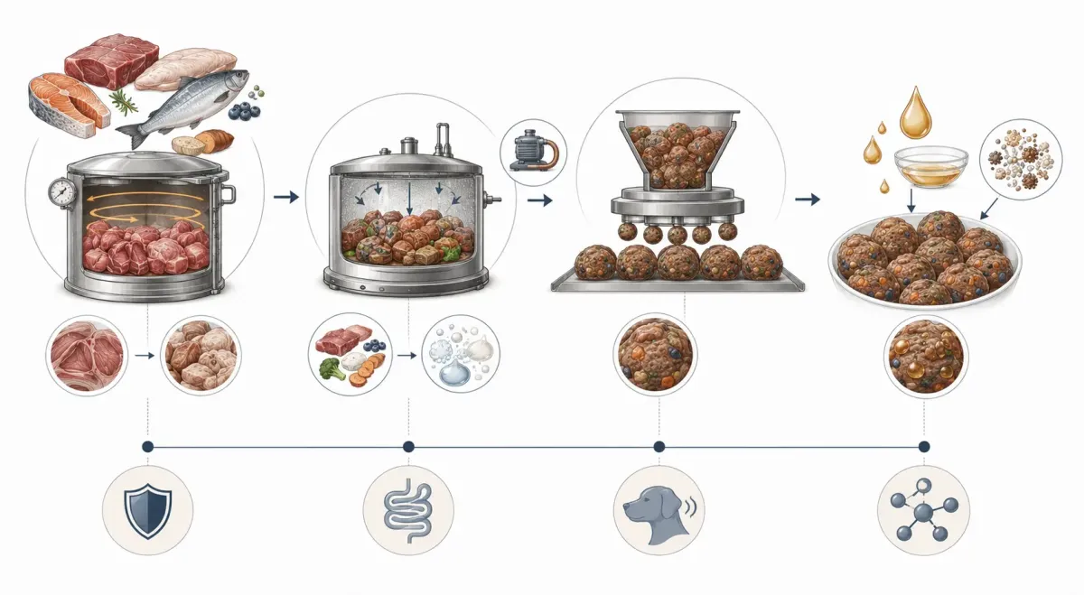 Vetenskaplig processillustration som visar ORYGO:s fyra tillagningssteg från färskt kött till varsam mörning, vakuumtillagning, formning av semimjuk kula och återföring av naturliga fetter och omega-3.