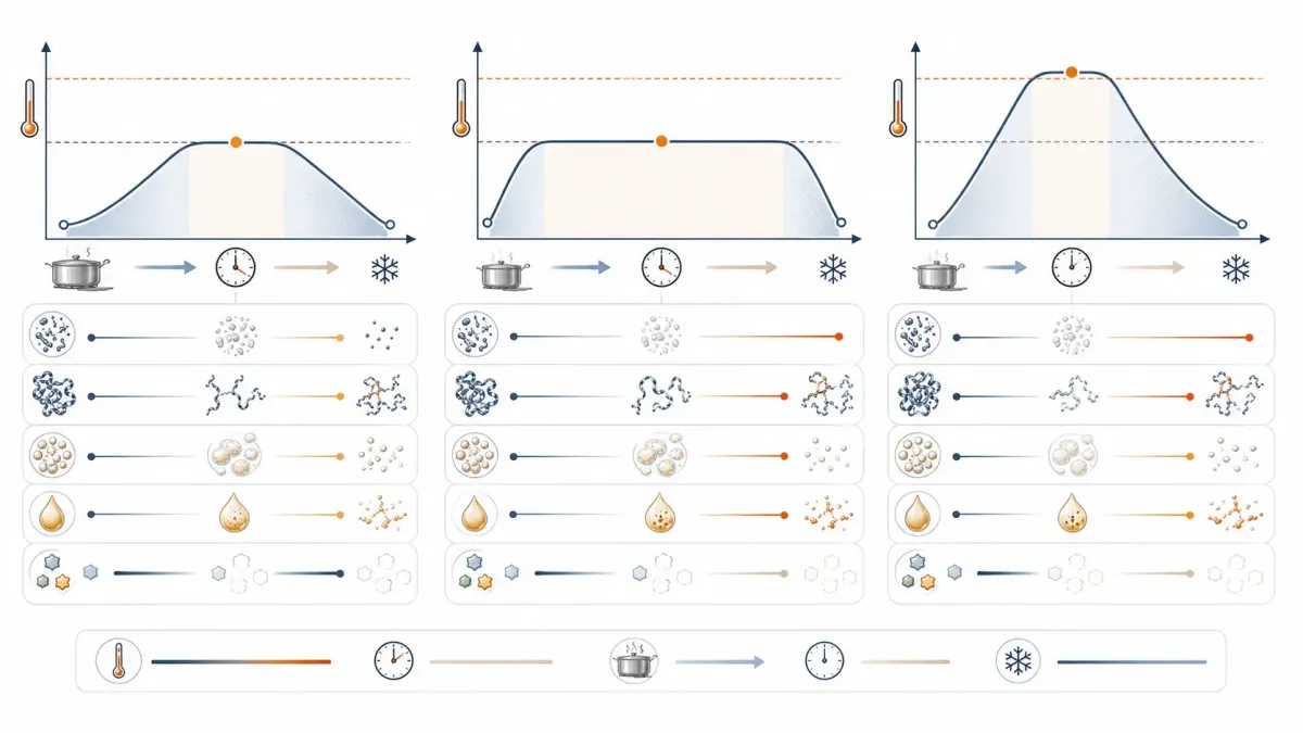 Vetenskaplig illustration som jämför låg temperatur under kort tid, låg temperatur under lång tid och högre temperatur under kort tid för att visa skillnader i total värmebelastning.