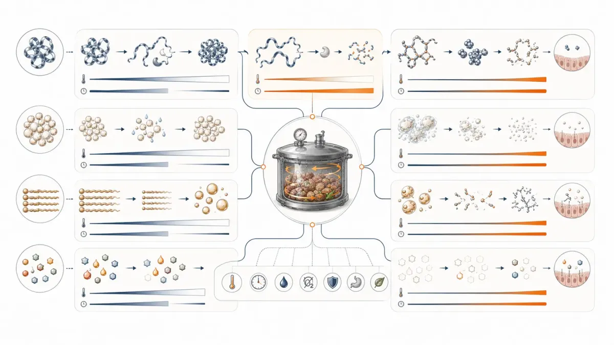 Vetenskaplig illustration som visar att protein behöver kontrollerad denaturering, stärkelse gelatinisering, fett skydd mot oxidation och vitaminer begränsad värmebelastning.