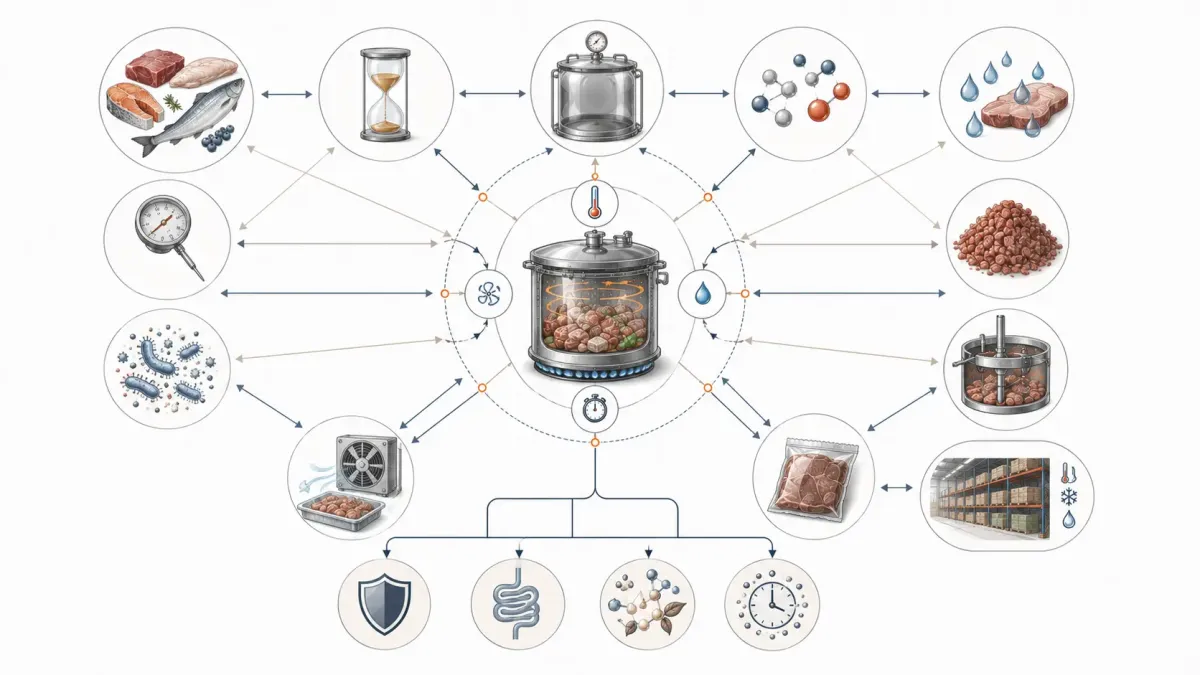 Vetenskaplig systemillustration som visar låg temperatur i relation till råvarukvalitet, tid, vakuum, syre, kärntemperatur, säkerhet, kylning, förpackning och lagring.