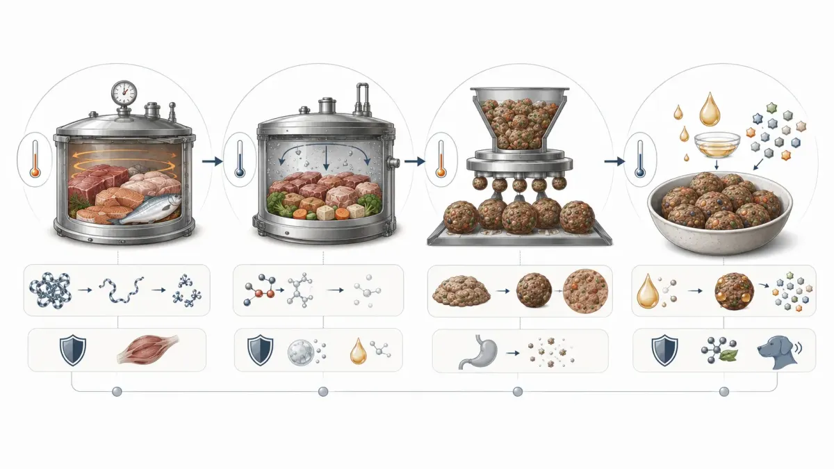 Vetenskaplig processillustration som visar ORYGO:s fyra steg med varsam mörning vid 71 grader, vakuumtillagning vid 45 grader, formning utan extrudering och återföring av naturliga fetter och omega-3.