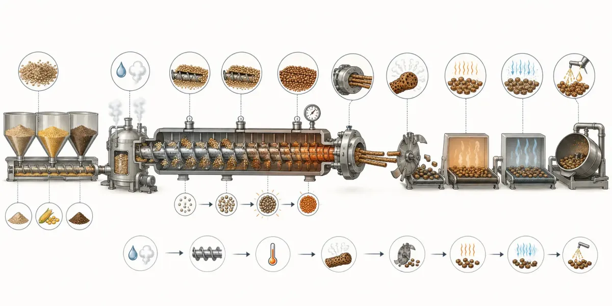 Vetenskaplig processillustration som visar animaliska råvaror som renderas och torkas till mjöl, lagras, blandas med stärkelse, förkonditioneras, extruderas, expanderar, torkas, kyls och ytbehandlas.