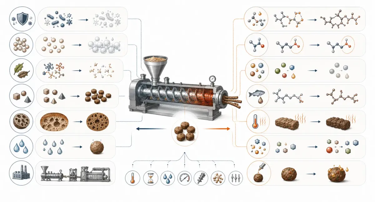 Vetenskaplig balansillustration som jämför extruderingens fördelar för säkerhet, stärkelsegelatinisering, struktur, hållbarhet och jämn produktion med möjlig påverkan på Maillardreaktioner, lysintillgänglighet, vitaminer, fett och ytbehandling.