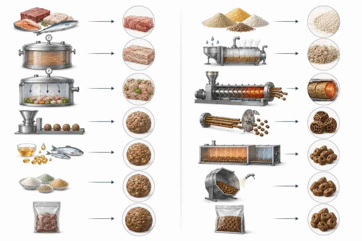 Vetenskaplig jämförelseillustration som visar ORYGO:s process med färskt kött, varsam mörning, vakuumtillagning, semimjuk formning och återföring av fetter bredvid traditionell extrudering med torra råvaror, proteinmjöl, värme, tryck, expansion, torkning och ytbehandling.