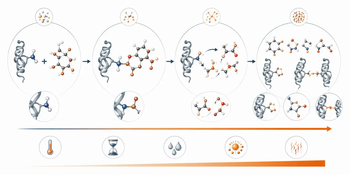 Vetenskaplig illustration som visar hur protein eller aminosyror reagerar med reducerande sockerarter och bildar tidiga glykeringsprodukter, reaktiva karbonylföreningar, avancerade glykeringsprodukter och korsbindningar.