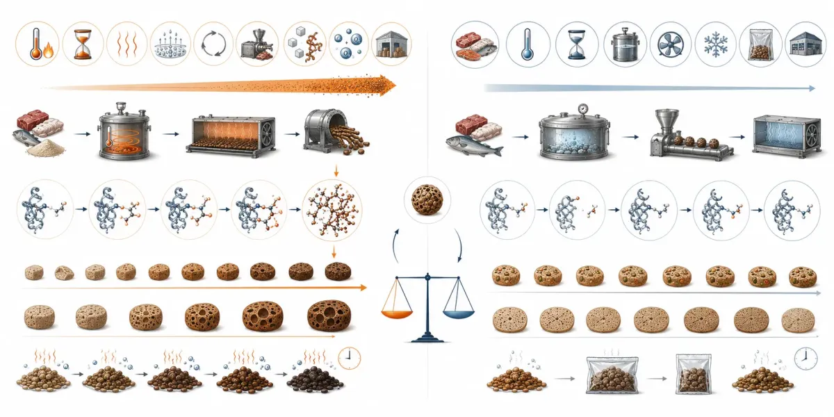 Vetenskaplig jämförelseillustration som visar hur hög temperatur, lång tid, torkning, flera processteg, proteinmjöl och reducerande sockerarter kan öka AGE-bildning medan färska råvaror, lägre temperatur, vakuum, kortare process, färre värmesteg och snabb kylning kan begränsa den.