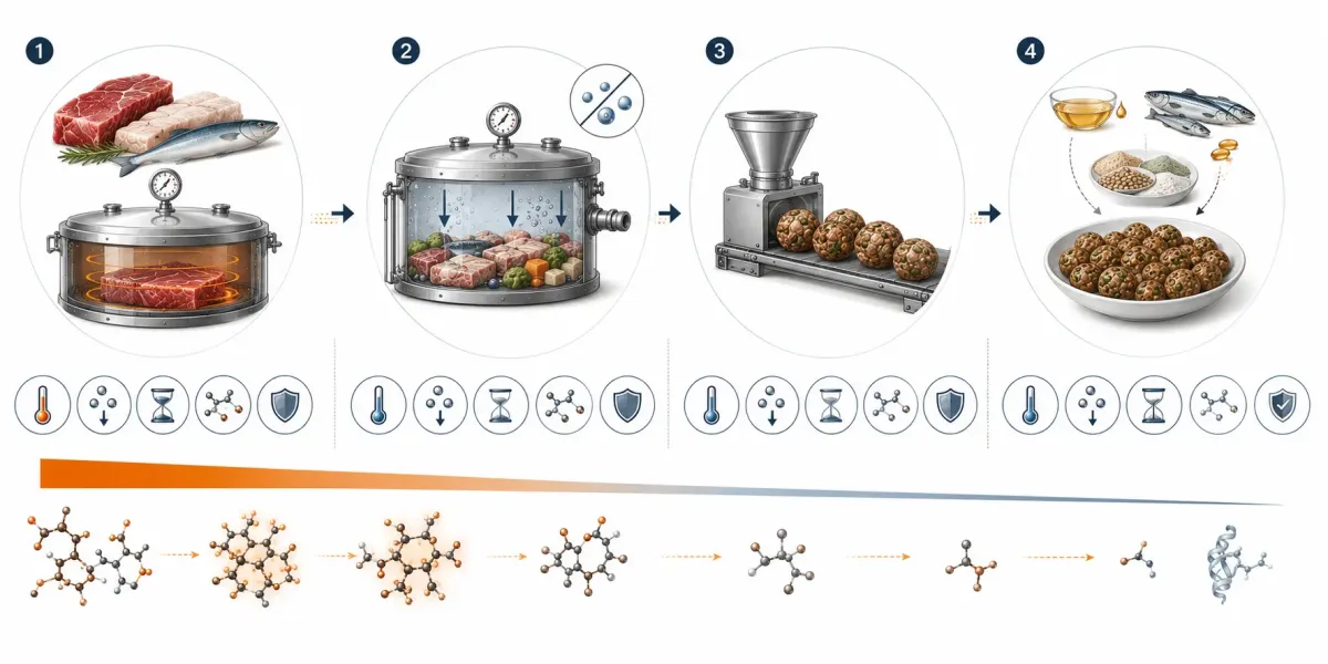 Vetenskaplig processillustration som visar ORYGO:s fyra steg med varsam mörning vid 71 grader, vakuumtillagning vid 45 grader, formning utan extrudering och återföring av naturliga fetter och omega-3 för att begränsa onödig AGE-bildning.